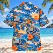 Back view of Cab Profile Truck Driver Hawaiian Shirt with matching artwork in cobalt, sand, orange