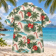Back view of Candy Cane Coast Christmas Hawaiian Shirt with matching artwork in red, turquoise, cream