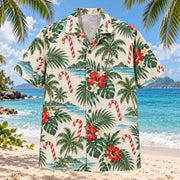 Front view of Candy Cane Coast Christmas Hawaiian Shirt with generic candy canes, shoreline curves and tropical leaves