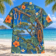 Back view of Carabiner Arborist Hawaiian Shirt with matching artwork in cobalt, sand, orange
