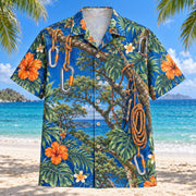 Front view of Carabiner Arborist Hawaiian Shirt with original carabiner motifs, with tropical botanical accents; no text or branded equipment