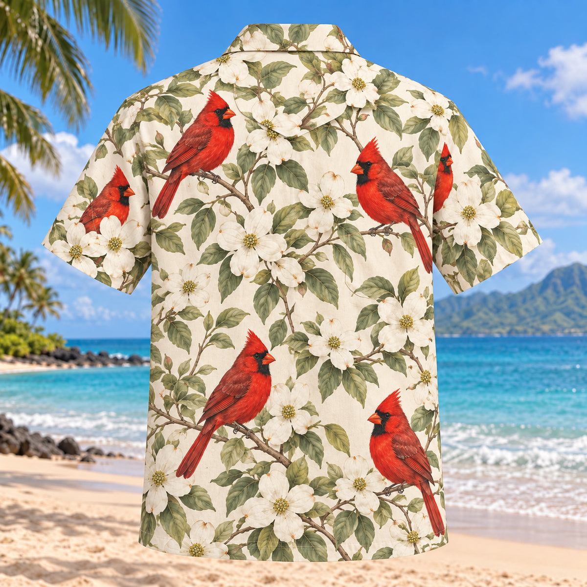 Back view of Cardinal Dogwood Birdwatching Hawaiian Shirt with matching bird artwork in red, sage, ivory