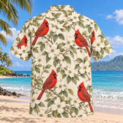 Back view of Cardinal Dogwood Birdwatching Hawaiian Shirt with matching bird artwork in red, sage, ivory