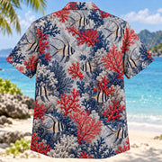 Back view of Cardinalfish Coral Reef Aquarium Hawaiian Shirt with matching artwork in silver, red, navy