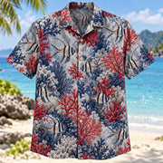 Front view of Cardinalfish Coral Reef Aquarium Hawaiian Shirt with Banggai cardinalfish among reef coral