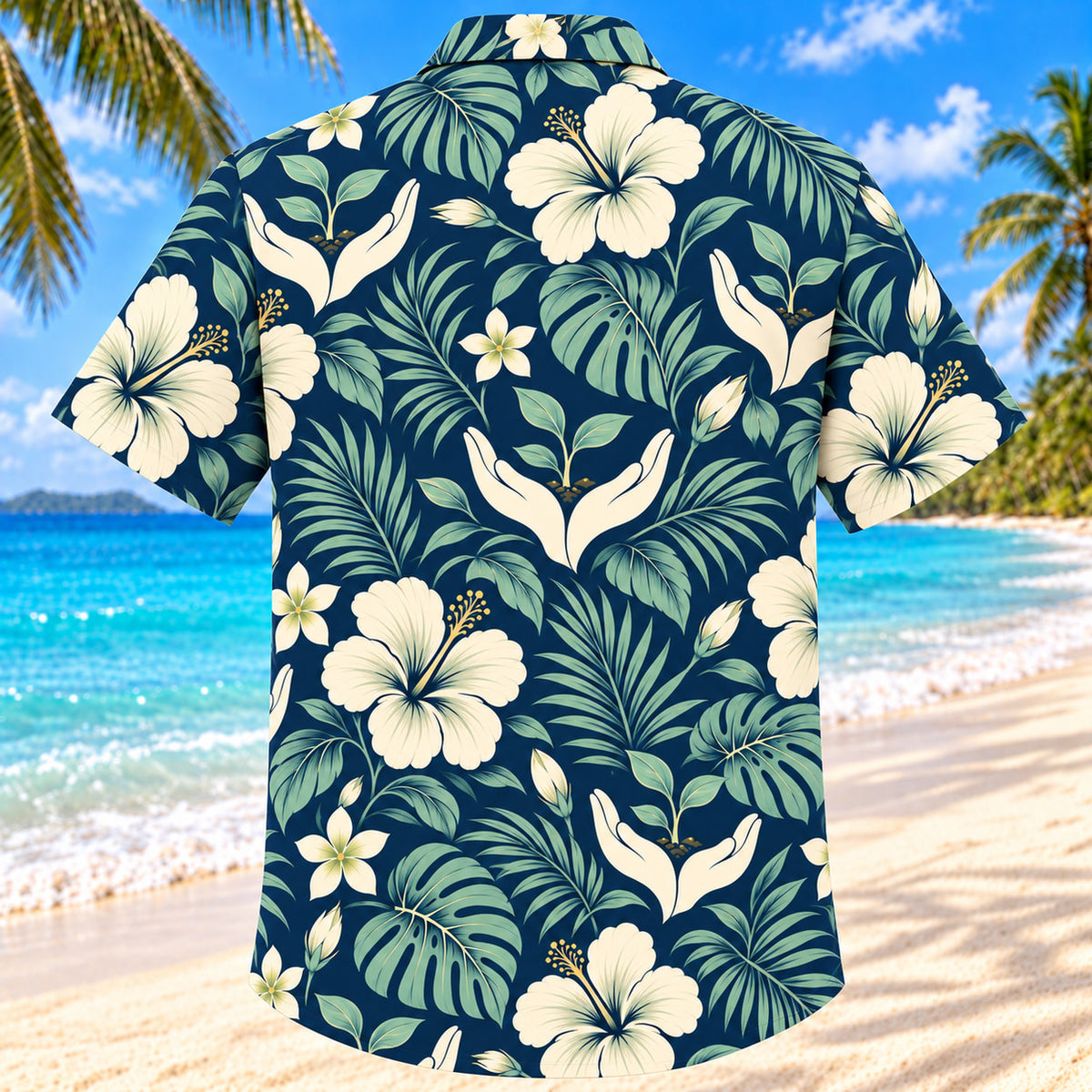 Back view of Care And Bloom Navy Cream Midwife Hawaiian Shirt with matching artwork in navy, warm ivory, pale seafoam