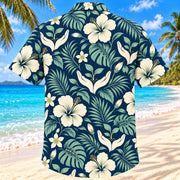 Back view of Care And Bloom Navy Cream Midwife Hawaiian Shirt with matching artwork in navy, warm ivory, pale seafoam
