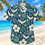 Front view of Care And Bloom Navy Cream Midwife Hawaiian Shirt with original simple open hands, seedlings and original tropical flowers