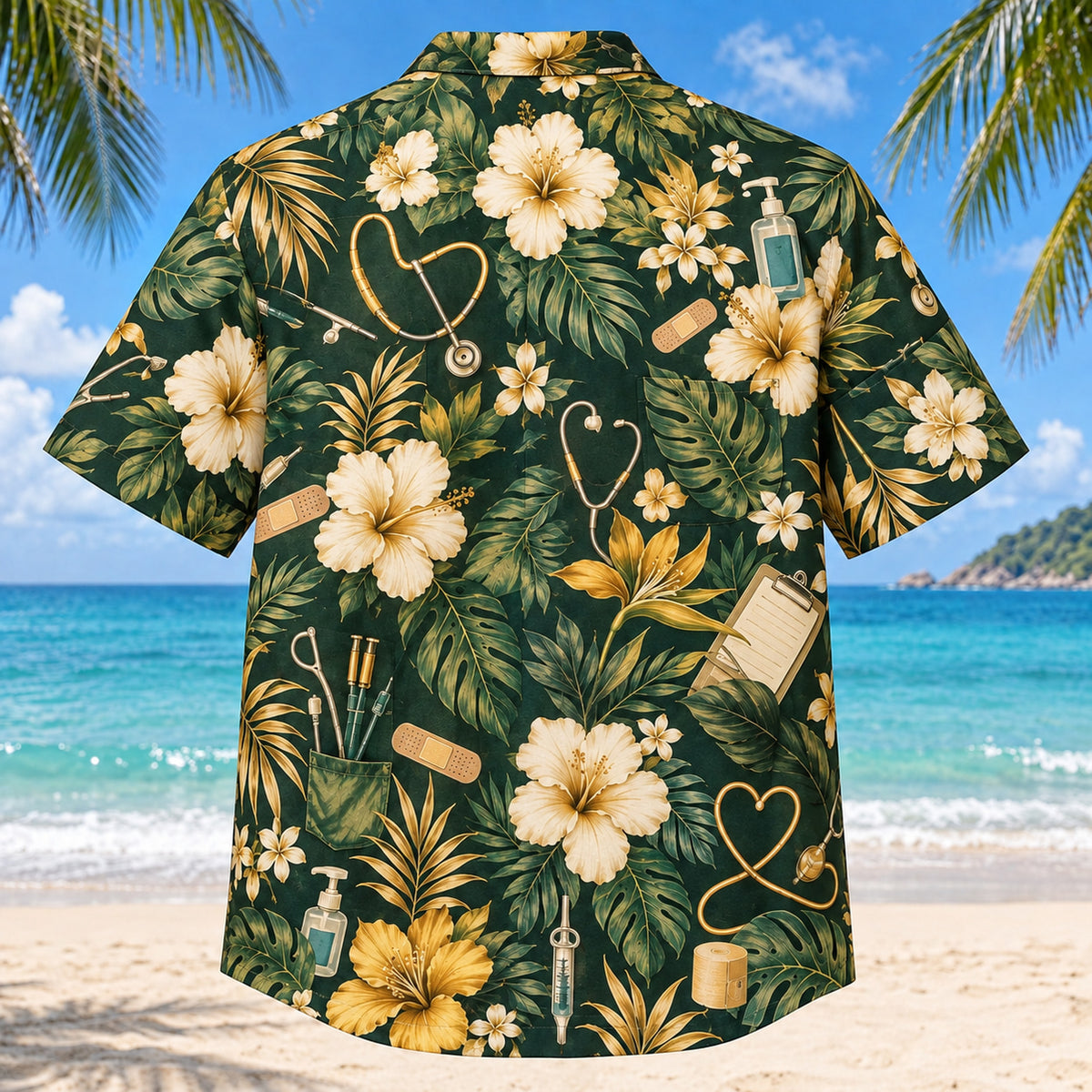 Back view of Care Kit Nurse Hawaiian Shirt with matching artwork in forest, gold, cream
