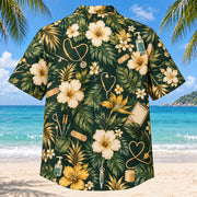 Back view of Care Kit Nurse Hawaiian Shirt with matching artwork in forest, gold, cream