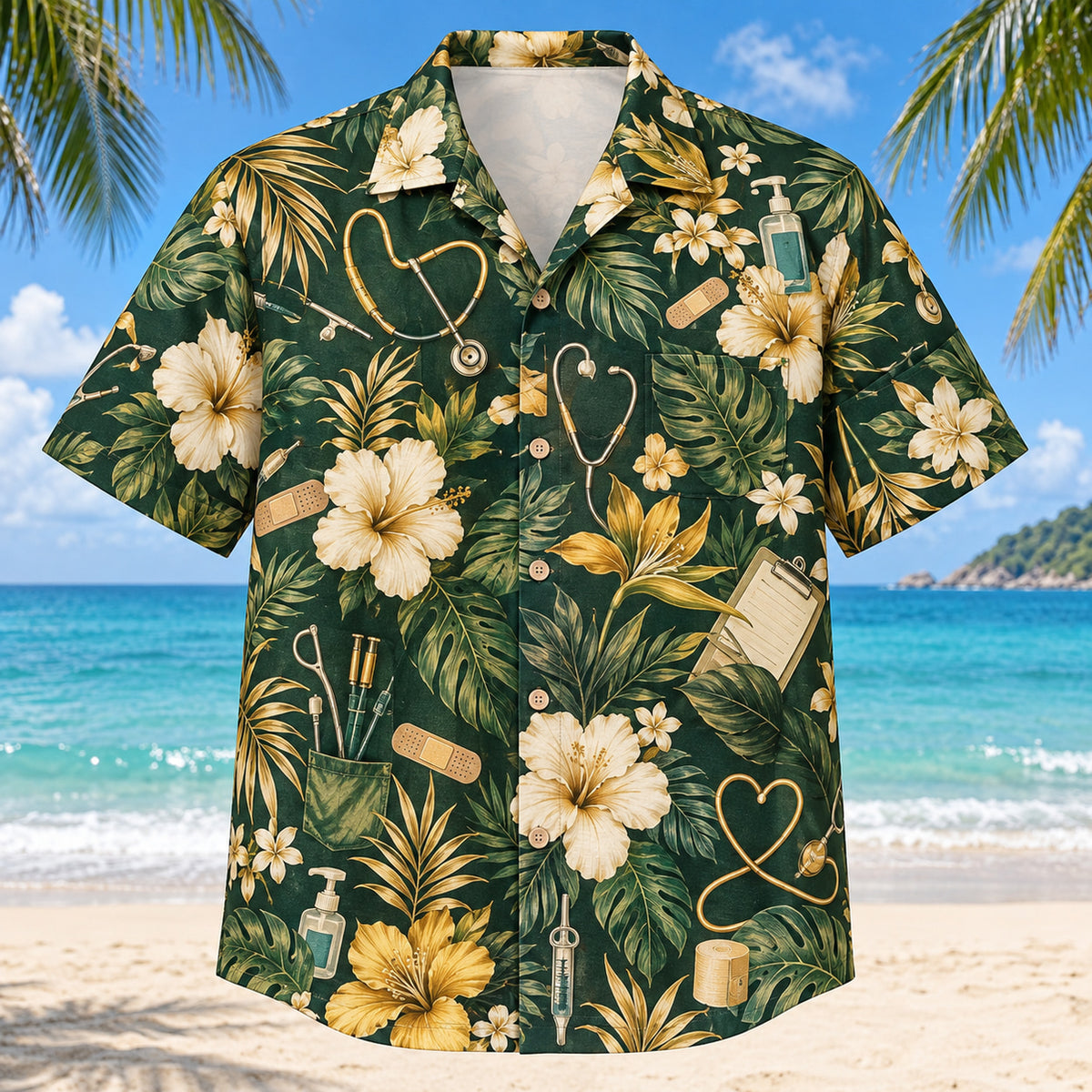 Front view of Care Kit Nurse Hawaiian Shirt with original care kit motifs, with tropical botanical accents; no text or branded equipment