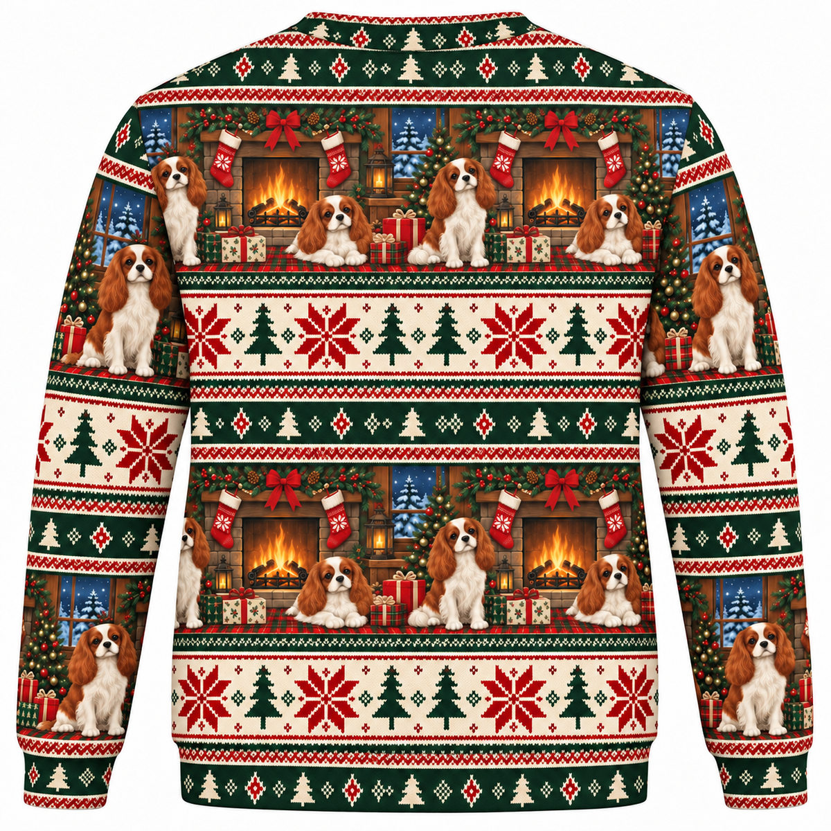 Cavalier King Charles Spaniel Christmas hearth Ugly Sweater back view