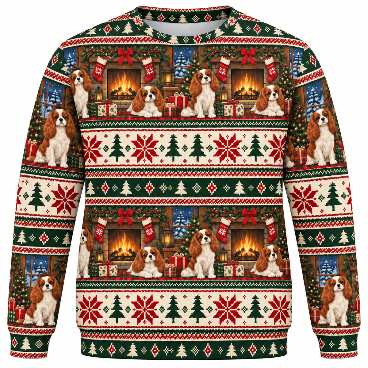 Cavalier King Charles Spaniel Christmas hearth Ugly Sweater front view