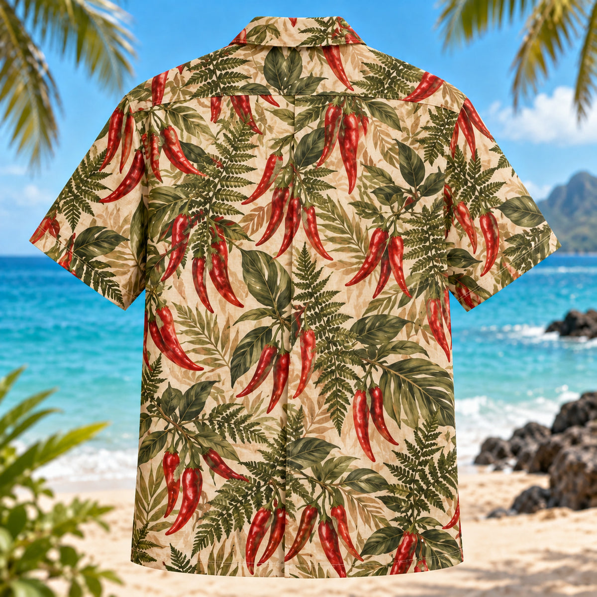 Back view of Cayenne Fern Chili Pepper Hawaiian Shirt with matching artwork in red, olive, tan