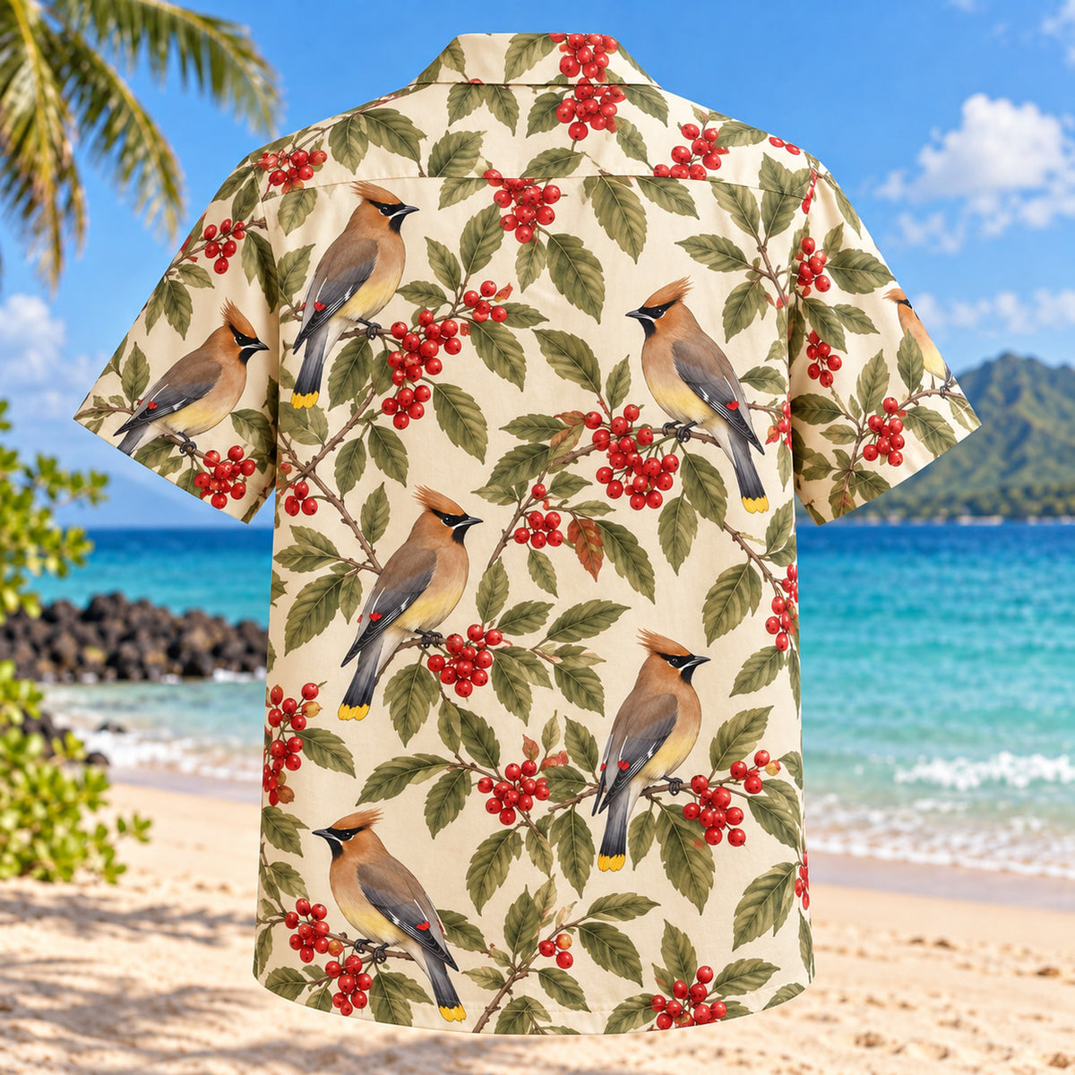 Back view of Cedar Waxwing Berry Birdwatching Hawaiian Shirt with matching bird artwork in olive, red, cream