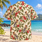 Back view of Cedar Waxwing Berry Birdwatching Hawaiian Shirt with matching bird artwork in olive, red, cream