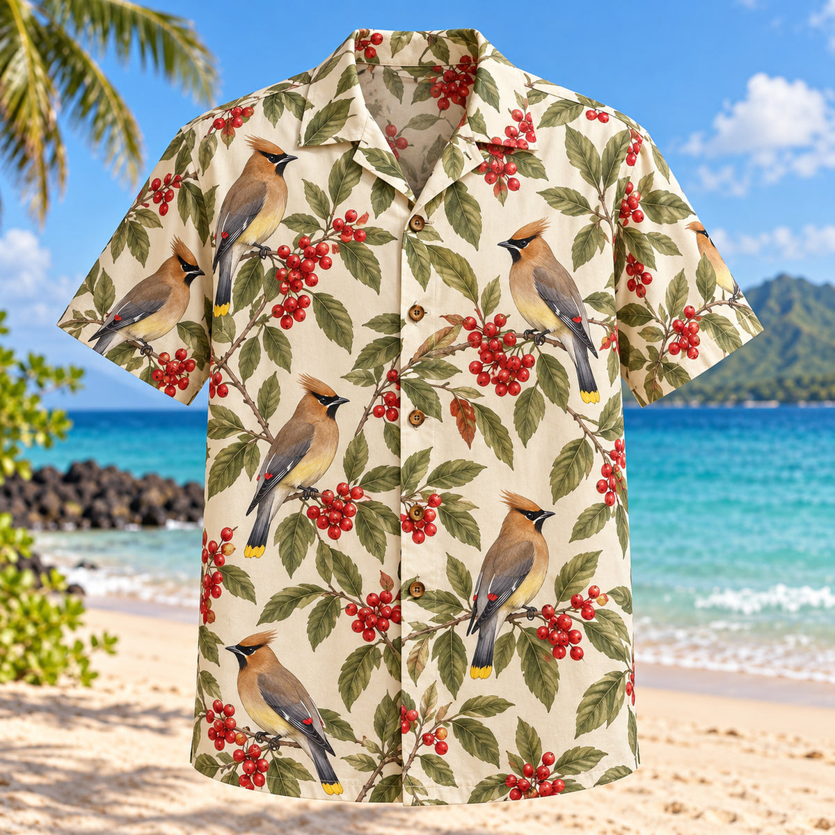 Front view of Cedar Waxwing Berry Birdwatching Hawaiian Shirt with cedar waxwings among red berries