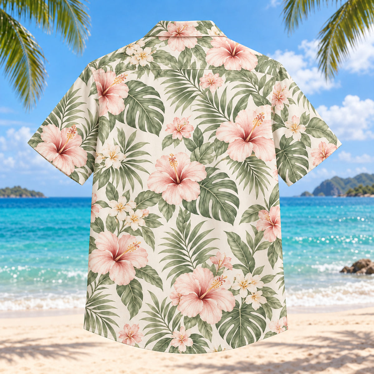 Back view of Ceremony Florals Beach Wedding Hawaiian Shirt with matching artwork in ivory, sage, blush