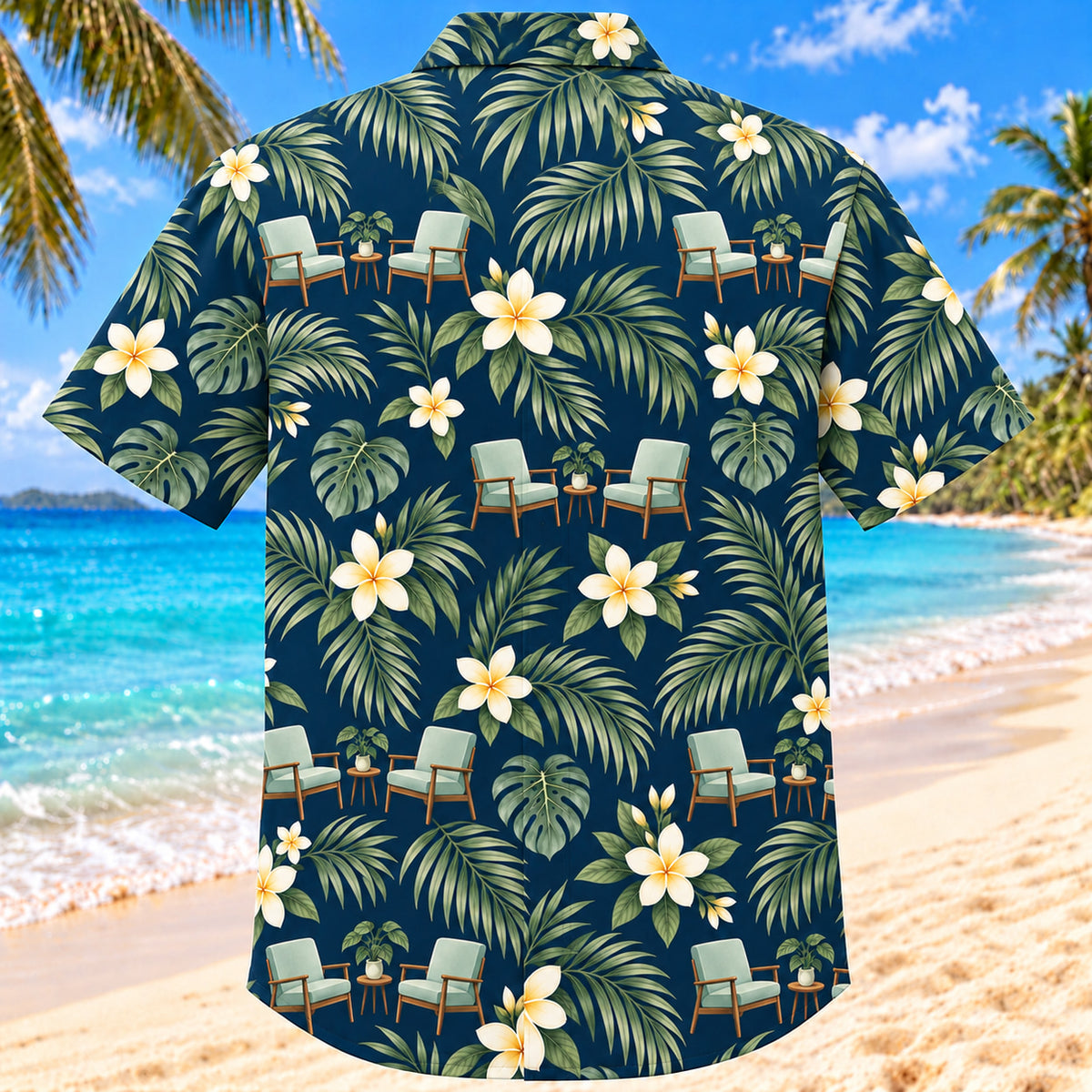 Back view of Chair And Palm Navy Cream Clinical Psychologist Hawaiian Shirt with matching artwork in navy, warm ivory, pale seafoam