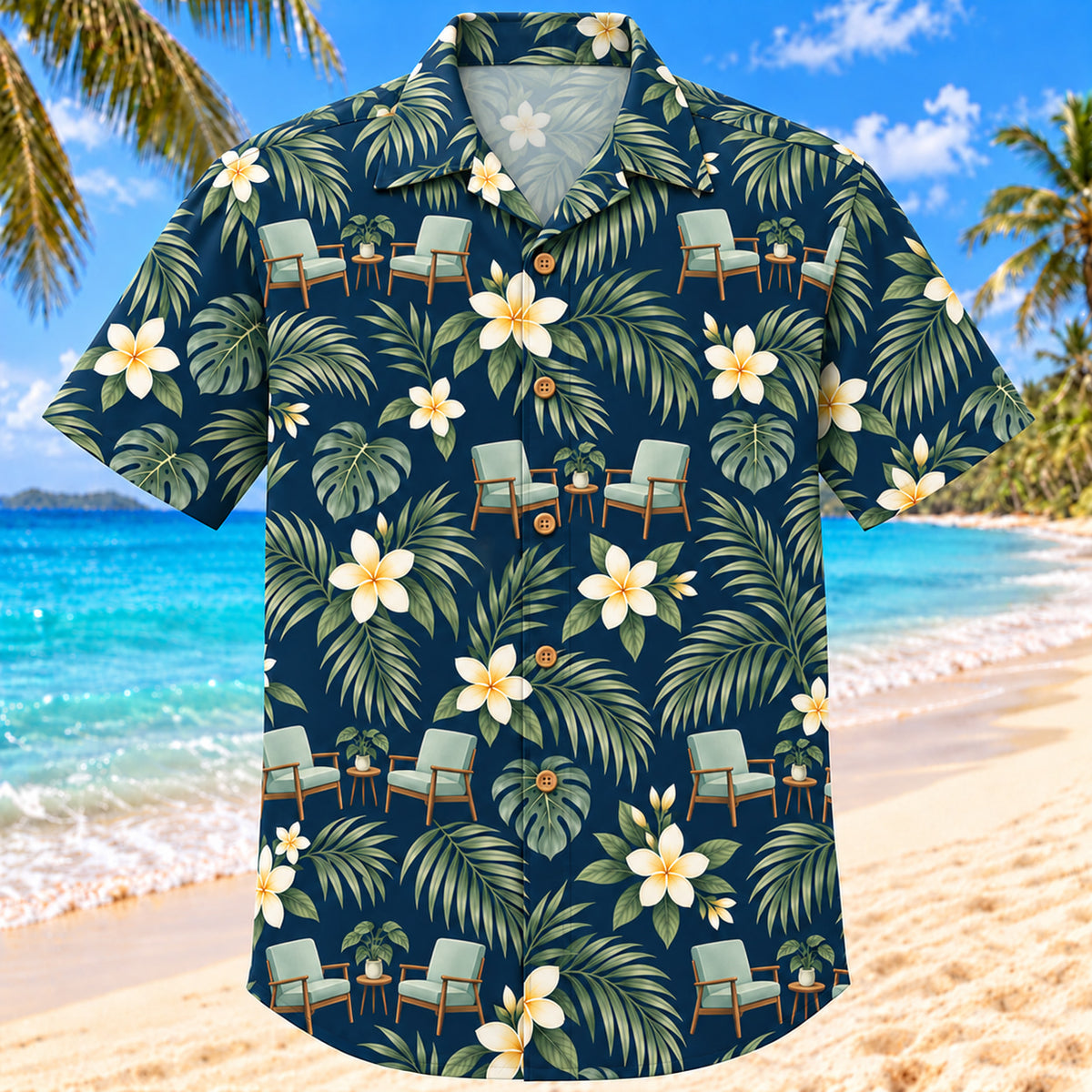 Front view of Chair And Palm Navy Cream Clinical Psychologist Hawaiian Shirt with original simple empty chairs, plumeria and palm fronds in an airy pattern