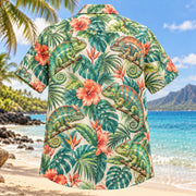 Back view of Chameleon Leaf Reptile Hawaiian Shirt with matching artwork in lime, aqua, coral