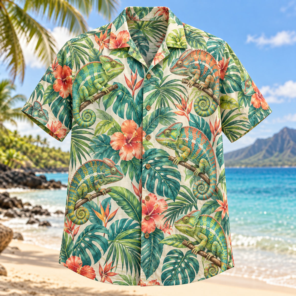 Front view of Chameleon Leaf Reptile Hawaiian Shirt with chameleons perched among tropical leaves