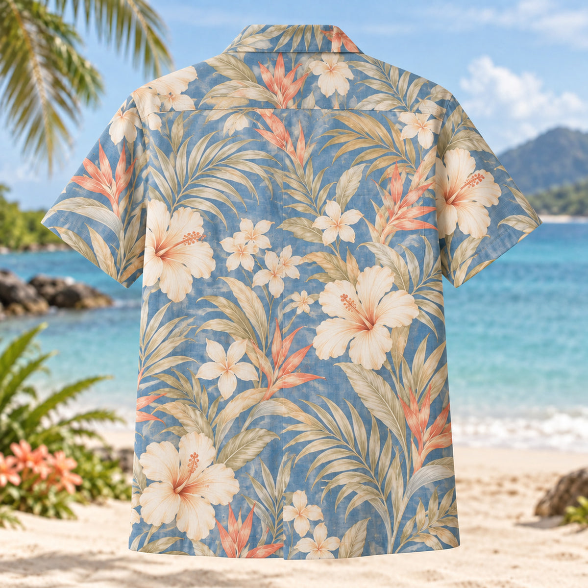 Back view of Champagne Garden Beach Wedding Hawaiian Shirt with matching artwork in dusty blue, cream, coral