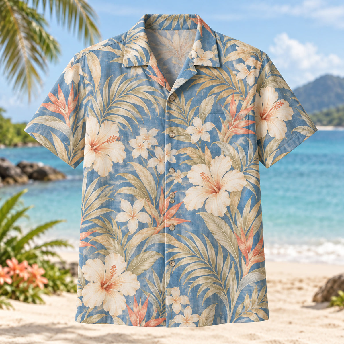 Front view of Champagne Garden Beach Wedding Hawaiian Shirt with original, text-free illustrations of champagne-colored botanicals and ivory flowers