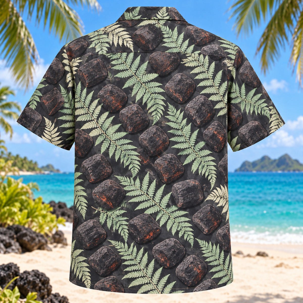 Back view of Charcoal Fern BBQ Hawaiian Shirt with matching artwork in charcoal, mint, cream