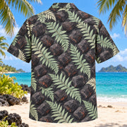Back view of Charcoal Fern BBQ Hawaiian Shirt with matching artwork in charcoal, mint, cream