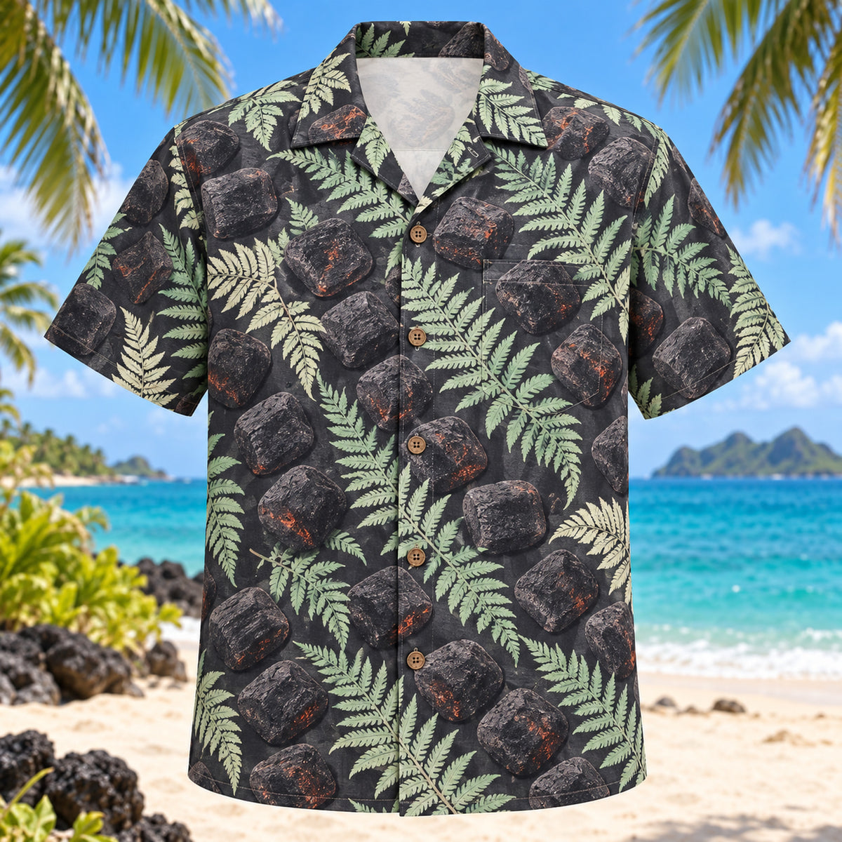 Front view of Charcoal Fern BBQ Hawaiian Shirt with charcoal briquettes and fern fronds