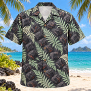 Front view of Charcoal Fern BBQ Hawaiian Shirt with charcoal briquettes and fern fronds