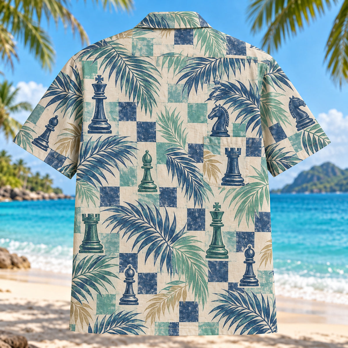Back view of Checker Palm Chess Hawaiian Shirt with matching artwork in mint, navy, sand
