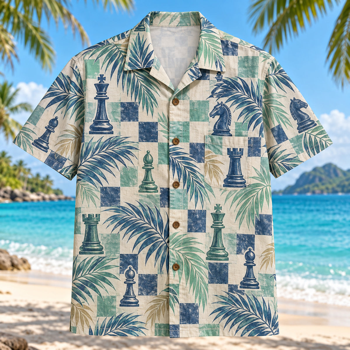Front view of Checker Palm Chess Hawaiian Shirt with subtle checkerboard squares and palm fronds