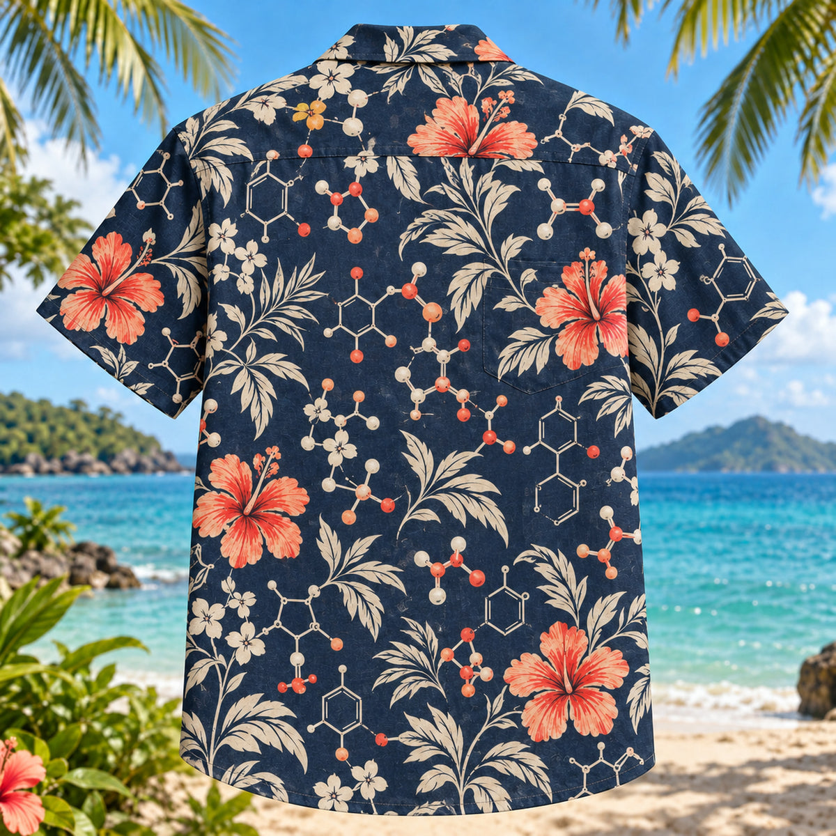 Back view of Chemistry Grid Chemistry Hawaiian Shirt with matching artwork in navy, cream, coral