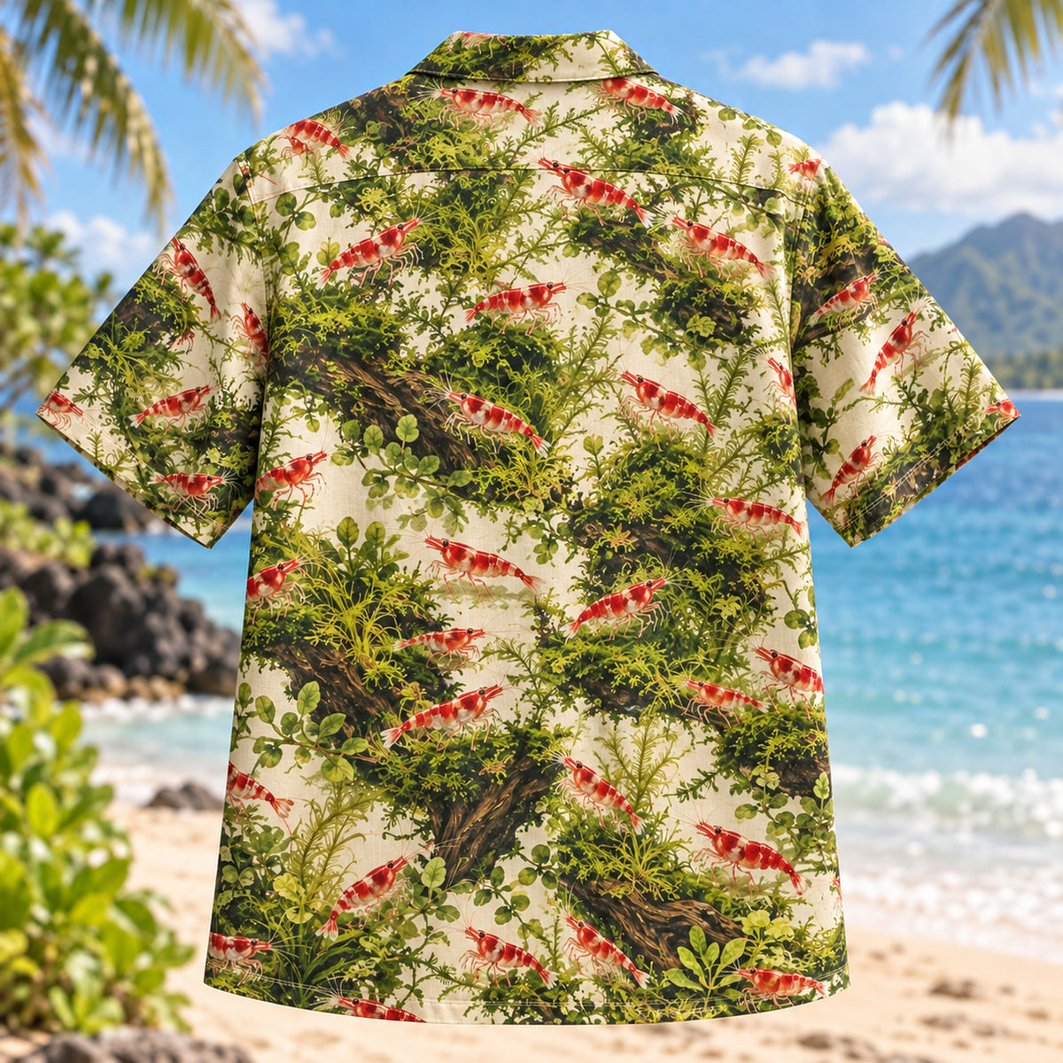 Back view of Cherry Shrimp Moss Freshwater Aquarium Hawaiian Shirt with matching artwork in scarlet, moss, cream