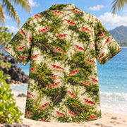 Back view of Cherry Shrimp Moss Freshwater Aquarium Hawaiian Shirt with matching artwork in scarlet, moss, cream
