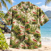 Front view of Cherry Shrimp Moss Freshwater Aquarium Hawaiian Shirt with tiny cherry shrimp among lush aquarium moss