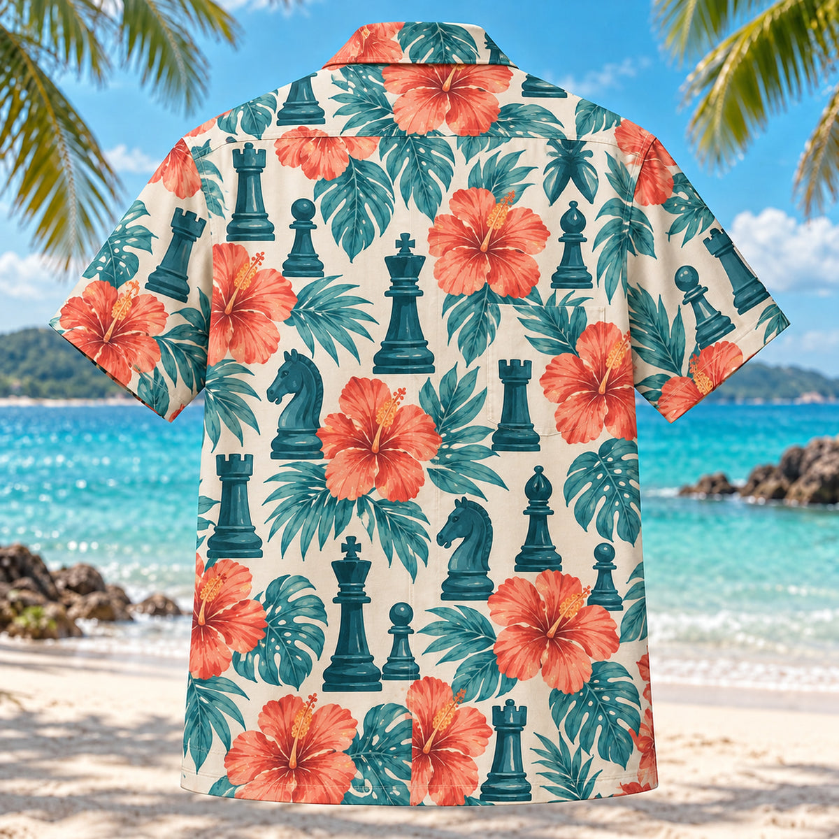 Back view of Chess Coral Chess Hawaiian Shirt with matching artwork in coral, teal, cream