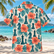 Back view of Chess Coral Chess Hawaiian Shirt with matching artwork in coral, teal, cream