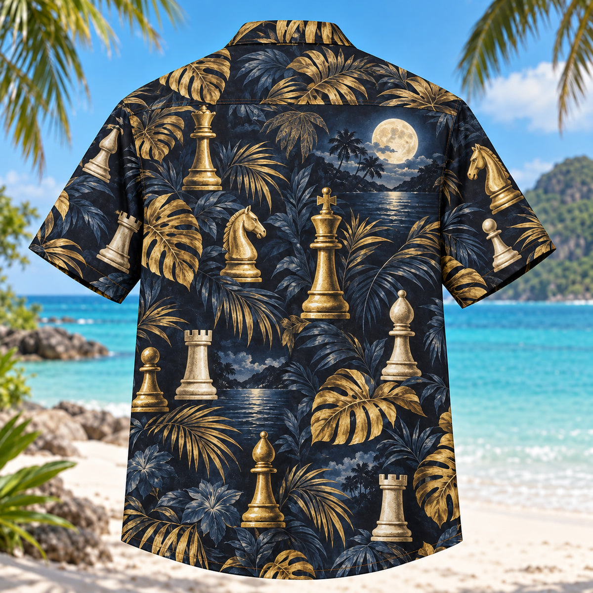 Back view of Chess Night Chess Hawaiian Shirt with matching artwork in midnight, gold, ivory
