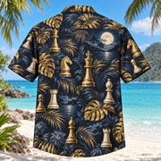 Back view of Chess Night Chess Hawaiian Shirt with matching artwork in midnight, gold, ivory