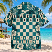 Back view of Chess Opening Abstract Chess Hawaiian Shirt with matching artwork in teal, cream, black