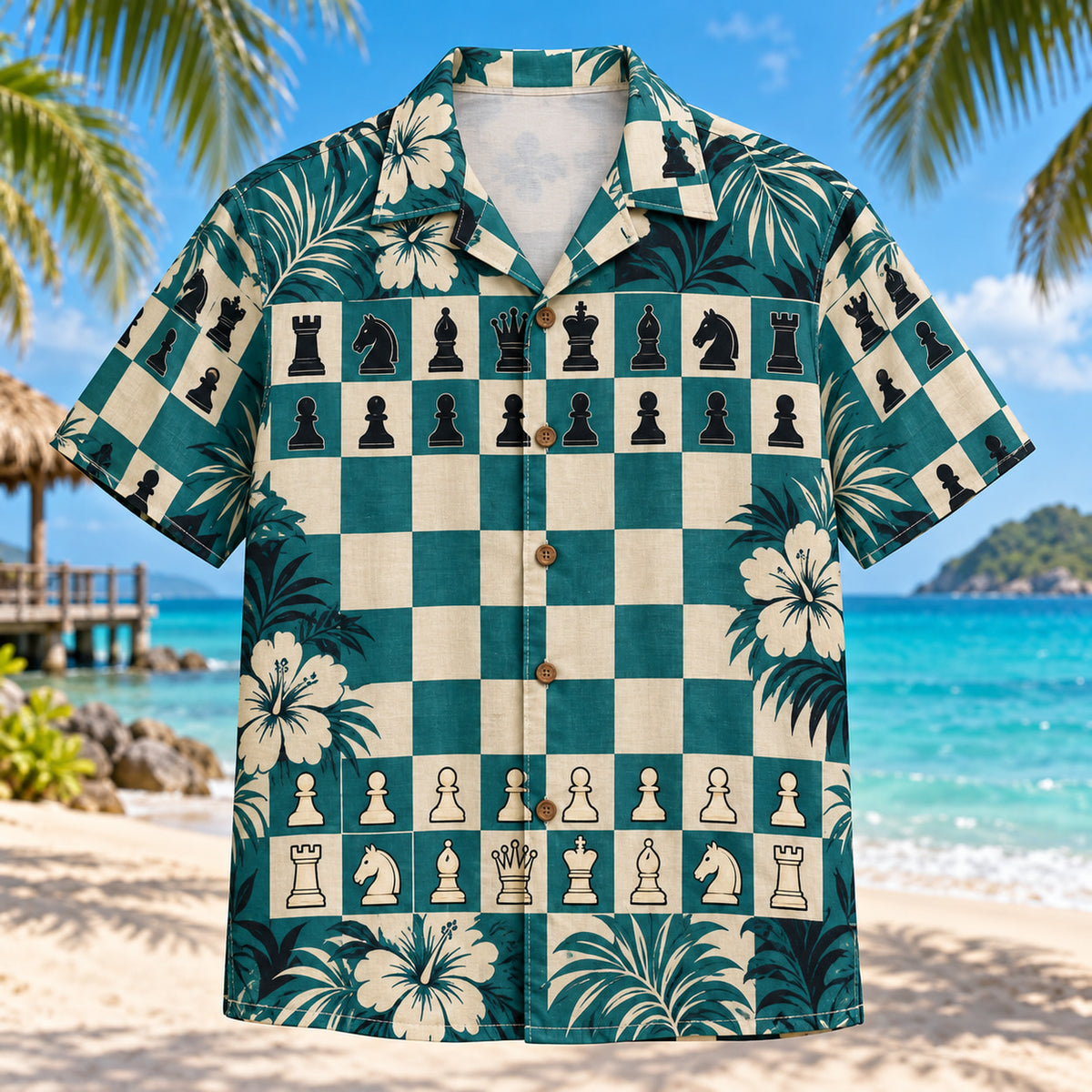 Front view of Chess Opening Abstract Chess Hawaiian Shirt with accurate standard chessboard with a few generic pieces in legal starting positions