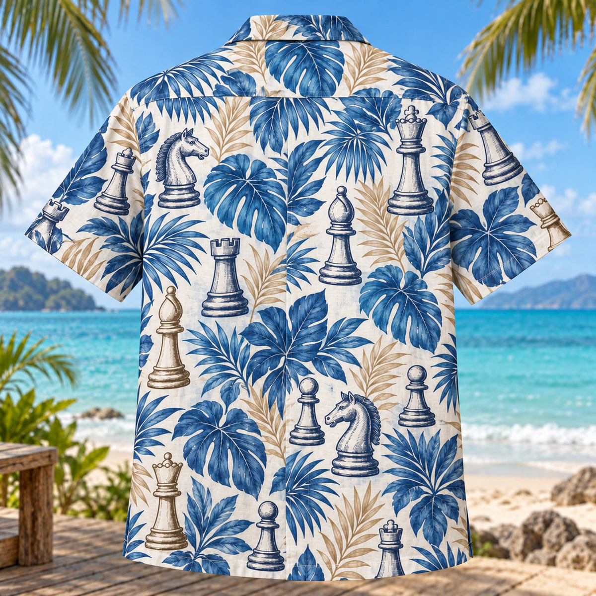 Back view of Chess Piece Study Chess Hawaiian Shirt with matching artwork in blue, white, tan