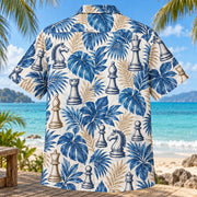 Back view of Chess Piece Study Chess Hawaiian Shirt with matching artwork in blue, white, tan