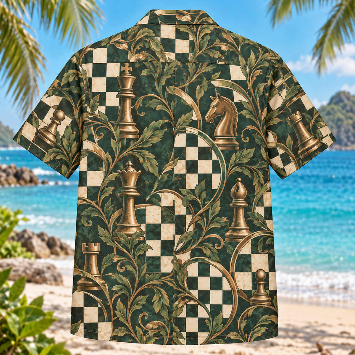 Back view of Chessboard Vines Chess Hawaiian Shirt with matching artwork in forest, cream, bronze