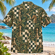 Back view of Chessboard Vines Chess Hawaiian Shirt with matching artwork in forest, cream, bronze