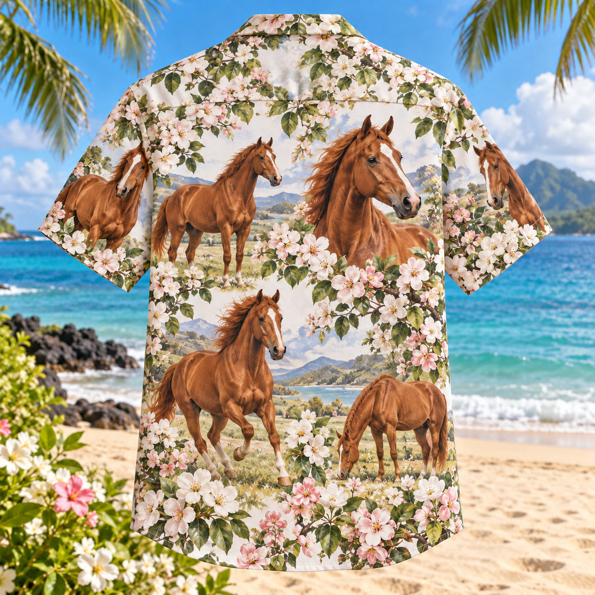 Back view of Chestnut Orchard Horse Hawaiian Shirt with matching artwork in rust, blush, cream