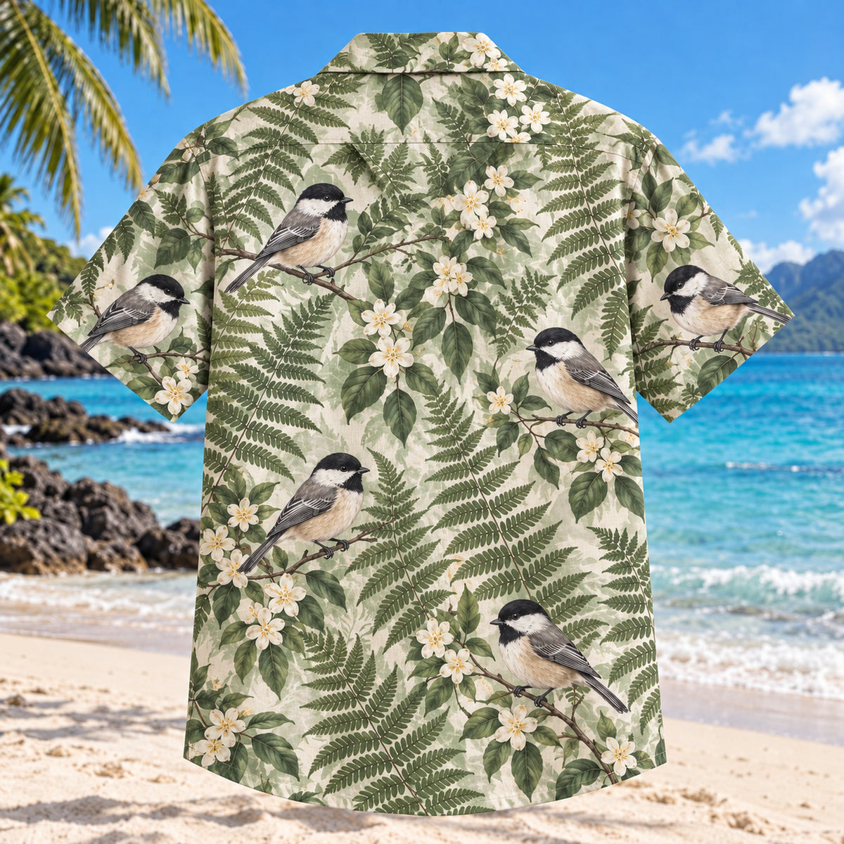 Back view of Chickadee Fern Birdwatching Hawaiian Shirt with matching bird artwork in sage, black, ivory